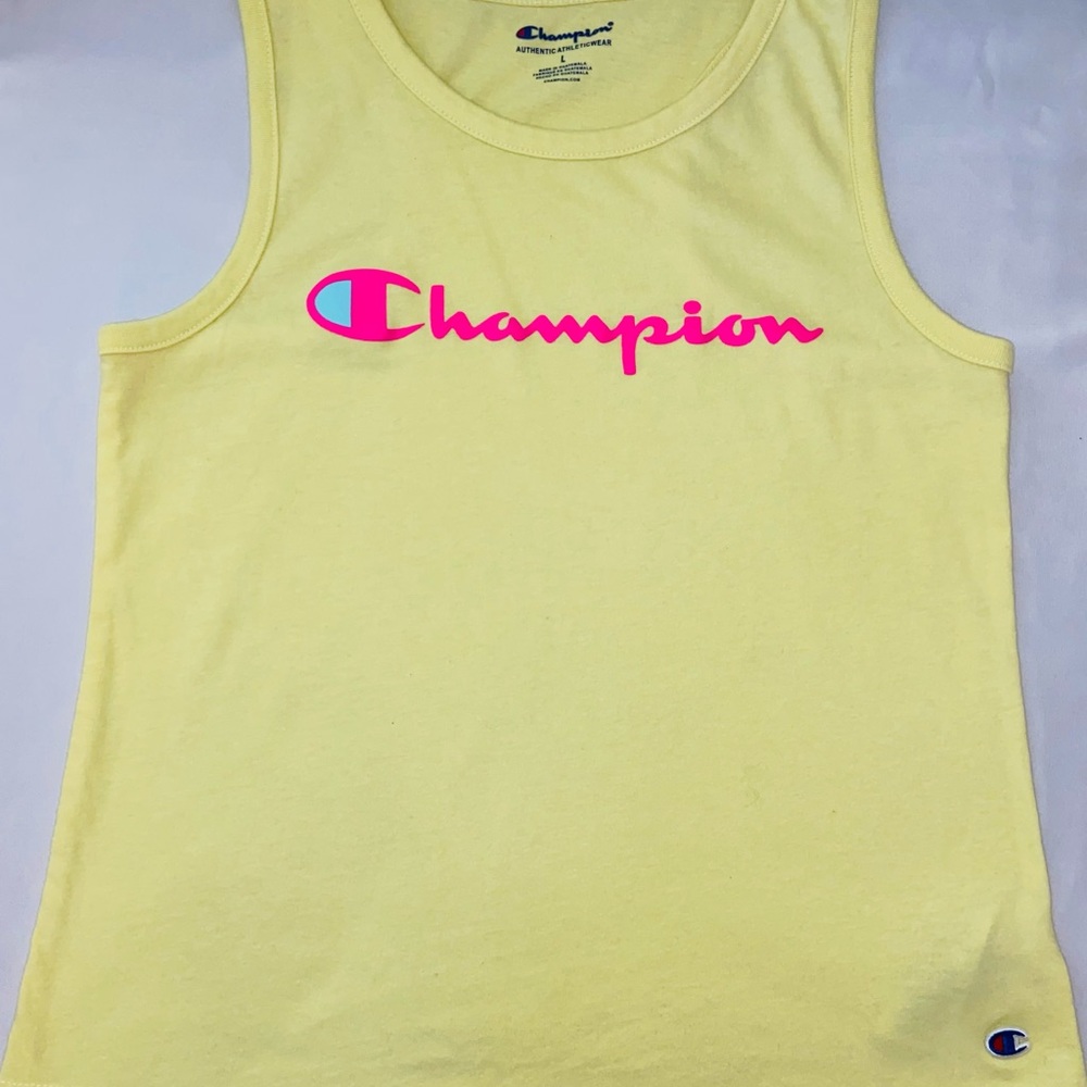 Girls (L), Yellow with Pink Champion logo, sports tank top